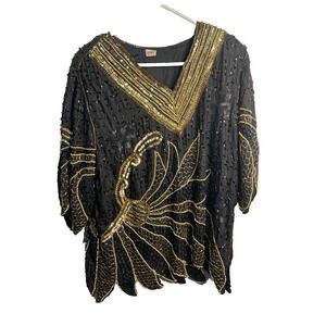 G UNIT womens vintage shirt size XL extra large black gold beaded v neck